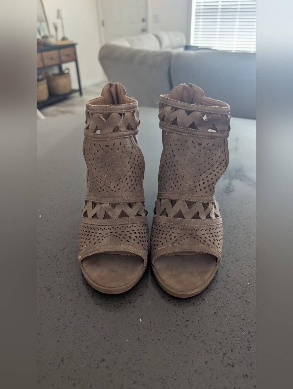 Report Taupe Laser-Cut Peep-Toe Ankle Heels